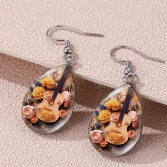 2/30$ Or 3/$35 Floral Guitar Teardrop Preppy Clueless Earrings-(#0183) - Picture 1 of 5